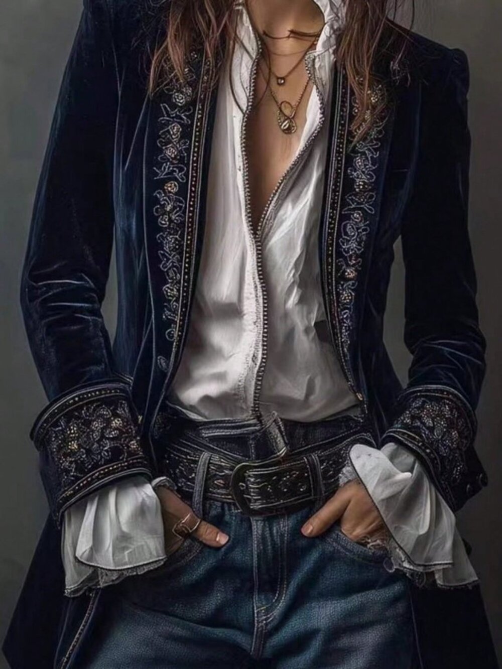 Navy Blue Casual Women's Velvet Tailcoat Trim Lapel Collar Sleeve Fit Jacket
